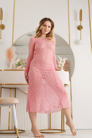 Sensual solo posing in pink dress and nude by Neu Ling with mirror play in a floral bedroom — Neu Ling #5