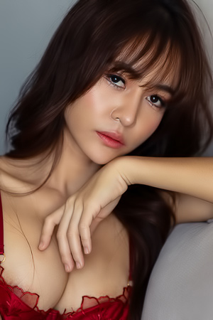 Tonnam in red lace teasing on the couch, slow striptease to bare skin in velvet fantasy