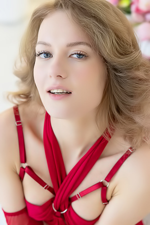 Luna Art in red lingerie teasing with gloves and flowers against white backdrop posing solo