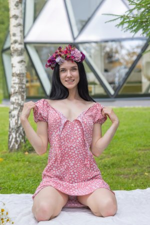 Posy, black hair and flower crown, posing nude on white blanket in grass, solo outdoor tease — Posy #3