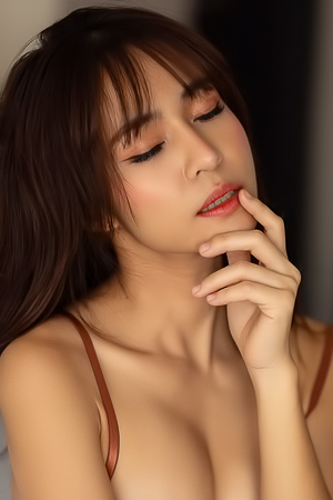 Tonnam kneeling on white sheets in brown lace lingerie, posing with hands in hair on bed