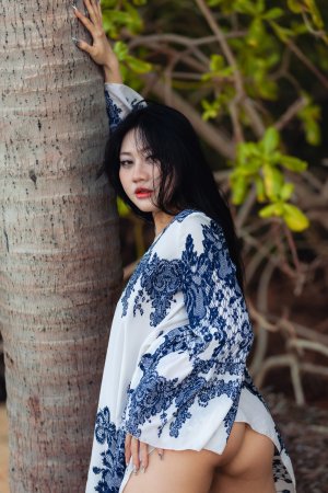May starts poised in robe then bares all under palms her body telling a slow tease story — May #9