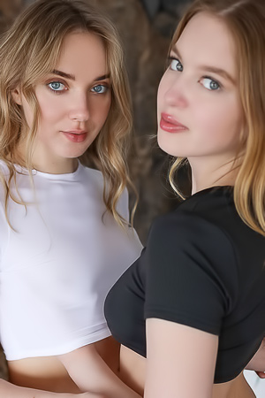 Oxana Z. and Nikoletta tease in lingerie then sink into wet lesbian kisses and pussy play against rocks