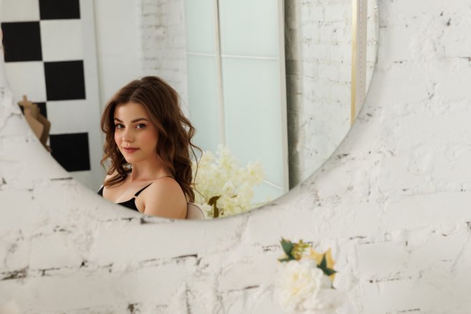 JULIA MOROZZI poses solo in black lingerie on a white vanity, kneeling and sitting with mirror views in Cozy Noon — JULIA MOROZZI #3
