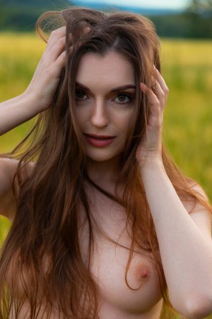 Julia K. bares all in golden field, posing nude with blanket under open sky, mountains behind — Julia K. #10