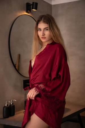 Lorelei bares her curves in a crimson robe, posing nude before the bathroom mirror with slow seduction — Lorelei #3